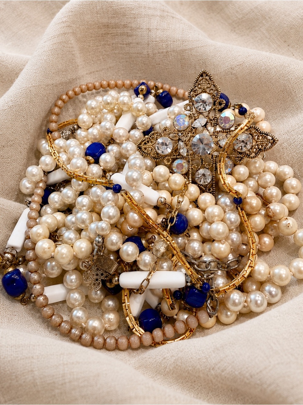 15 Oz Pearl Gold Tone Jewelry Lot Rhinestone Cross Necklaces Repair Reseller Vtg